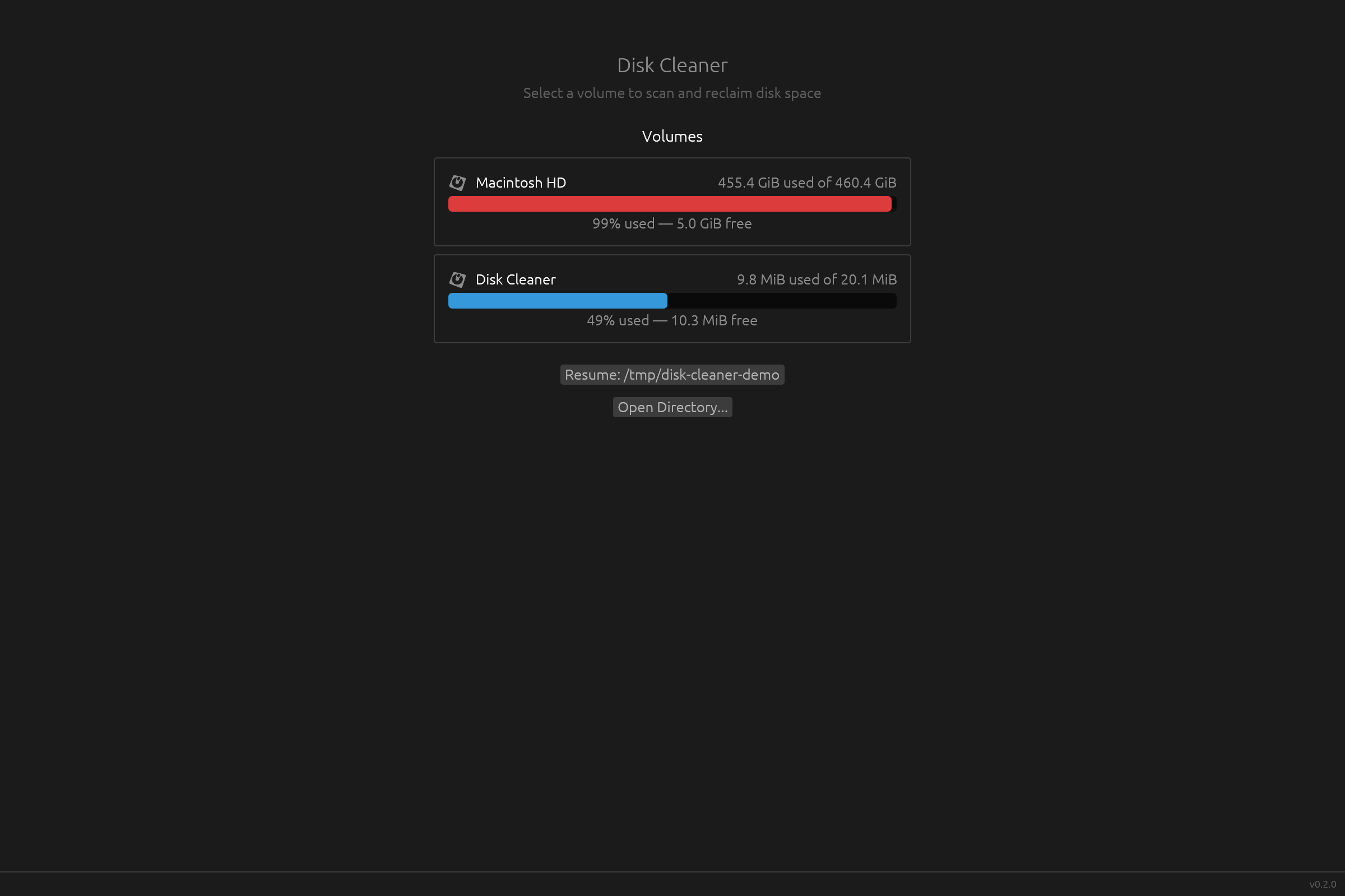 Home screen with volume selection