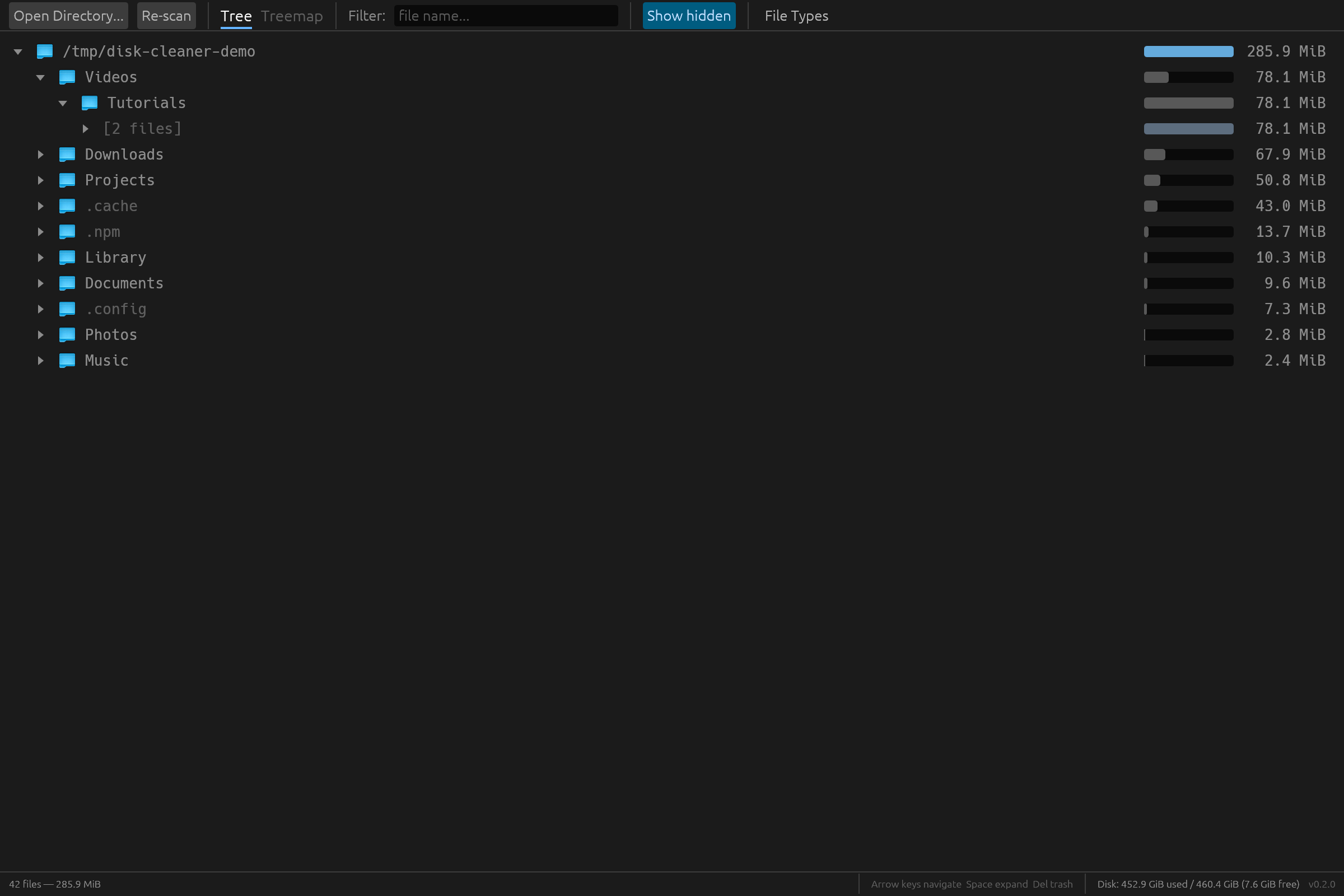 Tree view sorted by size