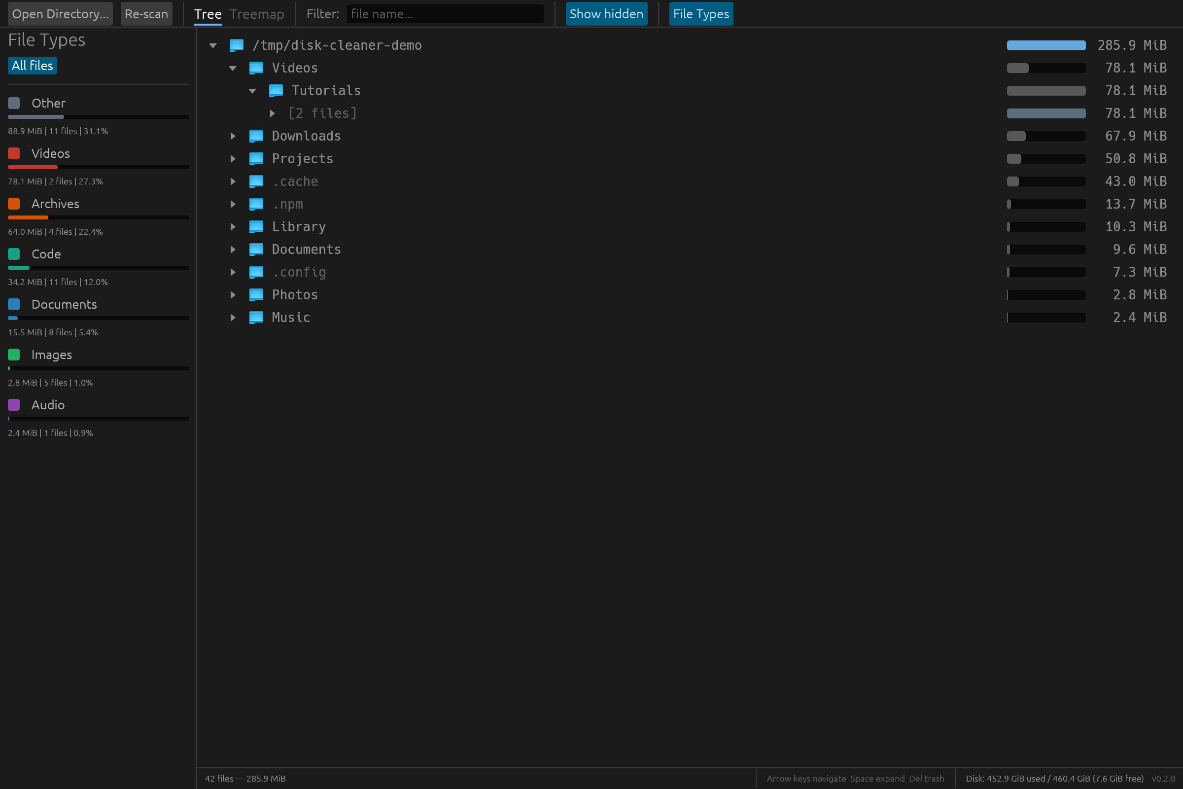 Disk Cleaner showing file tree sorted by size with category sidebar